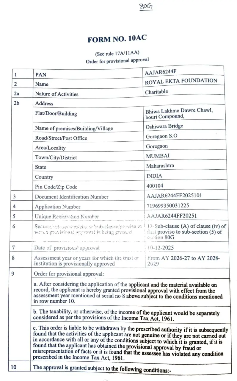 80G Tax Exemption Certificate